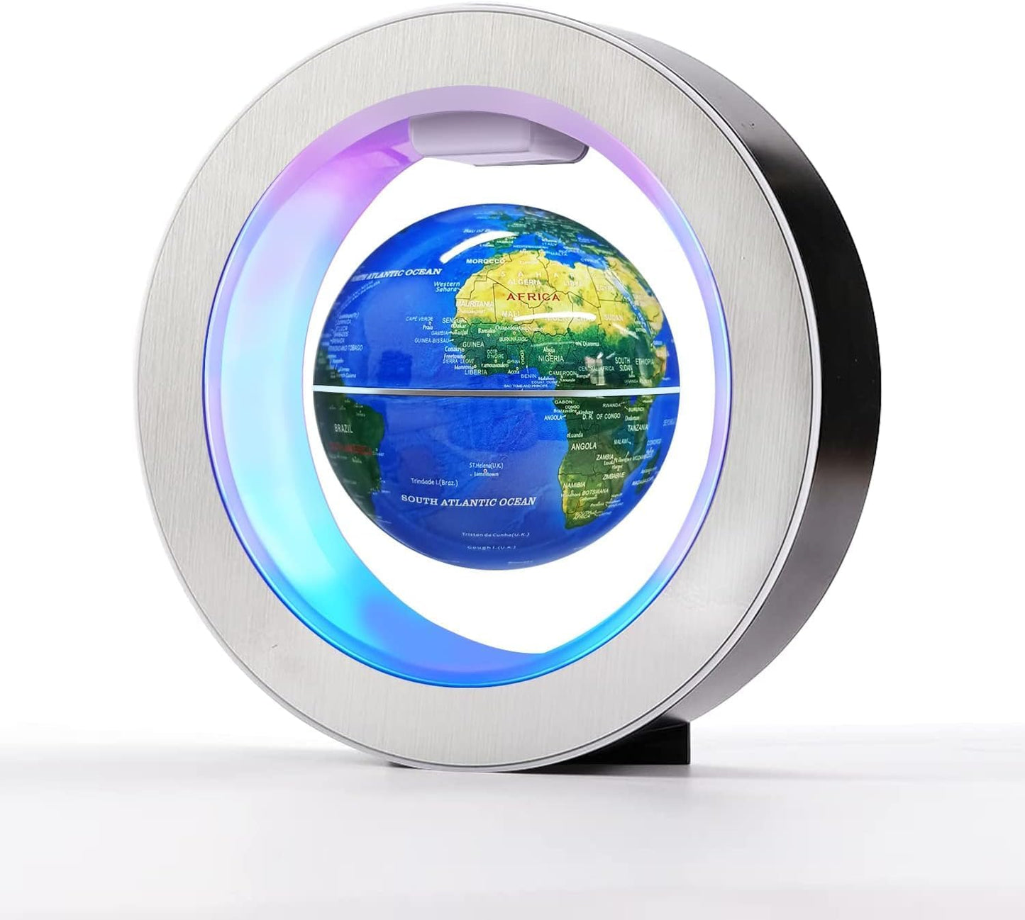 Lámpara globo terráqueo flotante LED encendida sobre su base