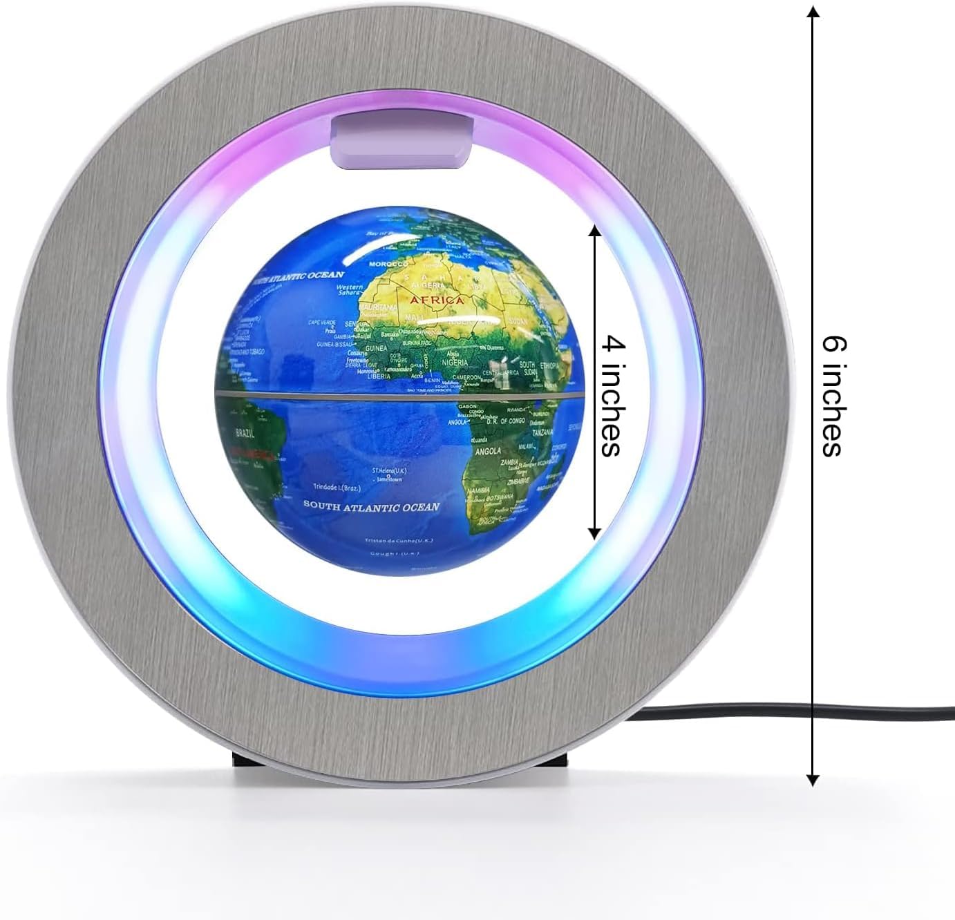 Globo terráqueo flotante LED con luces encendidas, vista de detalle