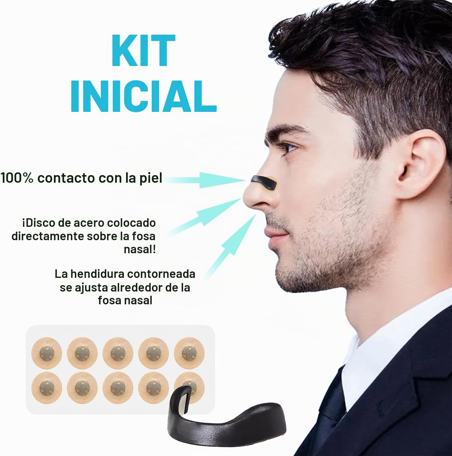 Dilatador nasal magnético colocado en la nariz, ejemplo de uso